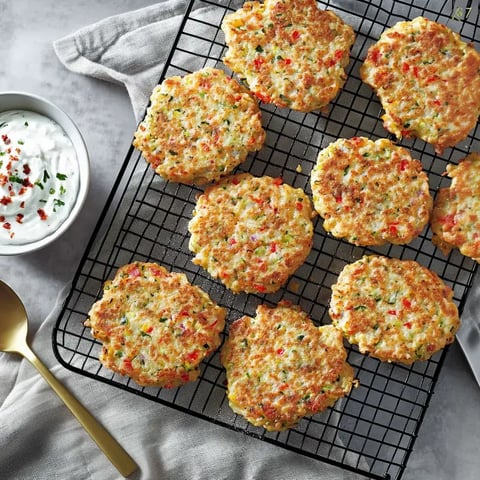 Une grille avec des galettes de pommes de terre dorées et aplaties, servies à côté d'un bol de sauce au yaourt.