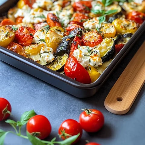 Un plat de légumes cuits au four, dont des tomates, courgettes et poivrons, garni de fromage et d'herbes fraîches.