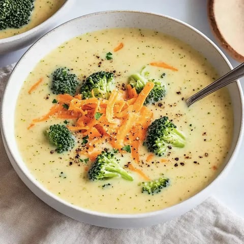 Un bol de soupe brocoli-carottes, décoré avec des carottes râpées et des fleurettes de brocoli.