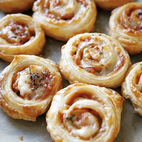 Un plateau de roulés feuilletés dorés et garnis, prêts à déguster avec quelques herbes en décoration.