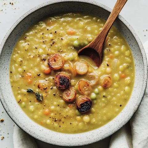 Un bol de soupe crémeuse aux pois, garni d’oignons dorés et accompagné d'une cuillère en bois.