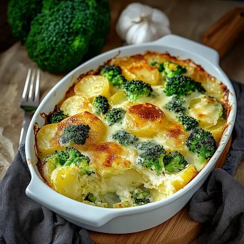 Un gratin de pommes de terre et brocoli, recouvert de fromage fondu, présenté dans un plat blanc.