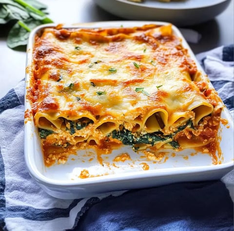 Un plat de cannelloni cuits au four, farcis aux épinards et ricotta, recouverts de fromage fondu.