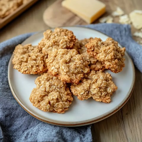 Une assiette de biscuits à l'avoine fraîchement cuits posée sur une table, entourée d'un tissu bleu avec un morceau de fromage en arrière-plan.