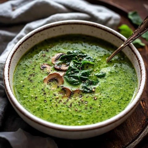 Un bol de soupe verte aux épinards, garnie d'épinards frais et de champignons, posé sur une surface en bois.