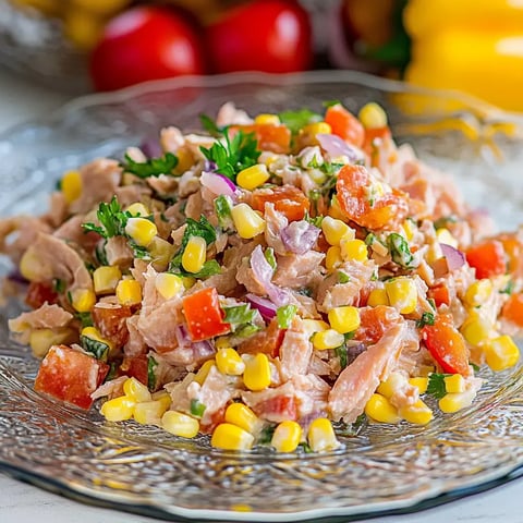 Une salade colorée avec thon, maïs, tomates, oignons et herbes fraîches sur une assiette élégante.