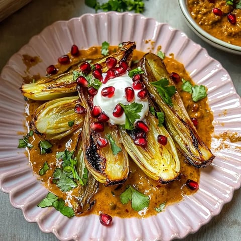 Moitiés de légumes caramélisés servis sur une assiette rose, garnis de yaourt, graines de grenade et coriandre fraîche dans une sauce riche.