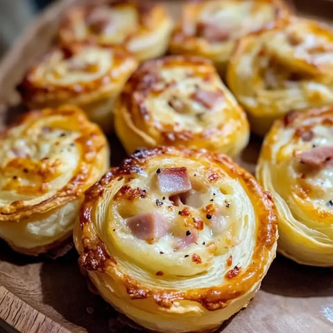 Une planche en bois garnie de spirales feuilletées dorées fourrées au jambon et fromage.