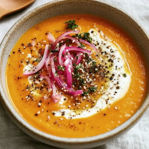 Un velouté de carottes garni d’oignons rouges, d’herbes fraîches, de graines de sésame et d’un peu de crème.