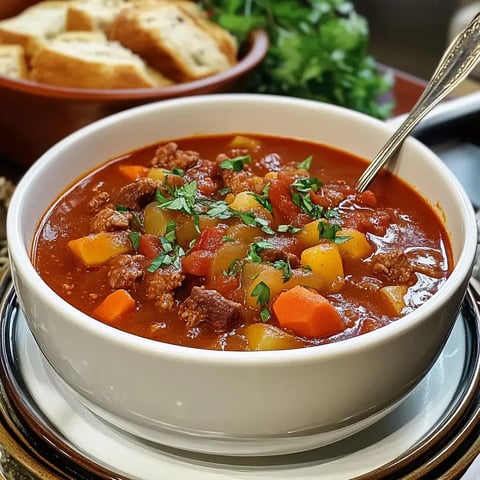 Un bol de soupe consistante avec viande et légumes, garni de coriandre fraîche, posé sur une table à côté d'un panier de pain.