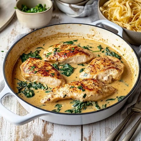 Une poêle contenant des filets de poulet dorés dans une sauce crémeuse aux épinards, entourée d'herbes fraîches et d'un bol de pâtes en arrière-plan.