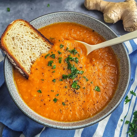 Un bol de soupe de carottes mixée, garnie de persil frais et d'un morceau de pain grillé, à côté de gingembre frais.