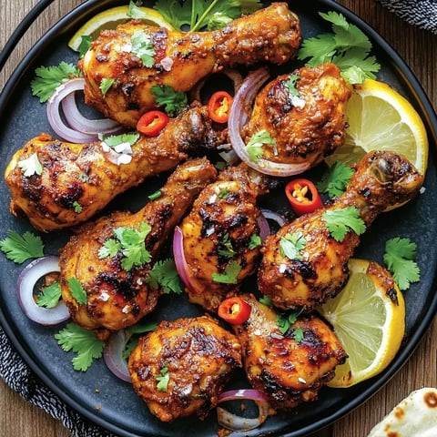 Assiette noire avec des cuisses de poulet grillées, garnies de coriandre fraîche, oignons rouges, piments et rondelles de citron.