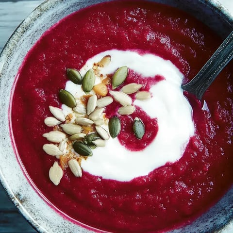 Un bol de soupe rouge, décoré avec de la crème et des graines variées.
