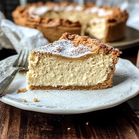 Une part de gâteau au fromage saupoudrée de sucre glace sur une assiette, avec le reste du gâteau visible en arrière-plan.