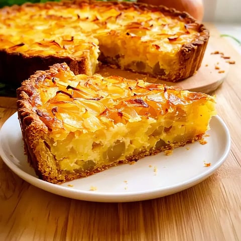 Une part de tarte dorée avec bord croustillant sur une assiette blanche, tandis que la tarte entière est visible à côté sur une planche en bois.