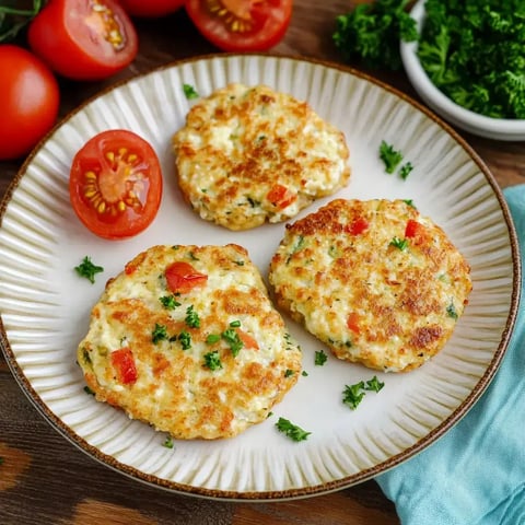 Trois galettes dorées servies sur une assiette, entourées de tomates cerises coupées en deux et de persil frais.