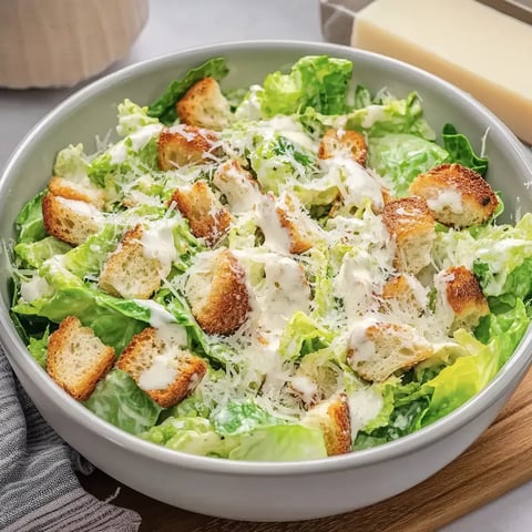 Une salade César fraîchement préparée avec de la laitue romaine, des croûtons et du parmesan dans un grand bol.