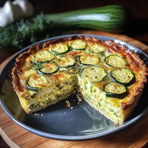 Une tarte aux courgettes fraîchement cuite avec une part découpée, entourée d'ingrédients frais comme l'ail et les herbes.