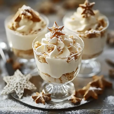 Trois verrines de dessert avec des couches de crème et miettes de biscuits, décorées d'une étoile en sucre et saupoudrées de sucre glace.