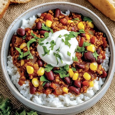 Un bol de riz garni d'un mélange épicé de chili avec haricots, maïs et une portion de crème, décoré de coriandre fraîche.