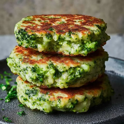 Une assiette avec trois galettes de brocoli dorées.