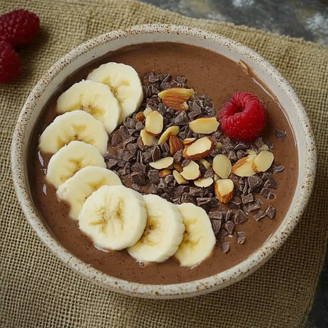 Un bol de smoothie chocolat décoré de rondelles de banane, morceaux de chocolat, amandes effilées et une framboise.