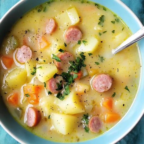 Une belle assiette de soupe contenant des morceaux de pommes de terre, carottes et saucisses, parsemée de persil frais.
