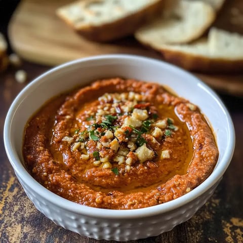 Un bol de crème rouge épicée, garni de noix hachées et d'herbes fraîches, posé à côté d'une planche en bois avec des tranches de pain.