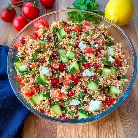 Un bol coloré rempli de salade de quinoa mêlée à des concombres, tomates, graines de grenade, herbes et feta. En arrière-plan, des tomates cerises et un citron frais.