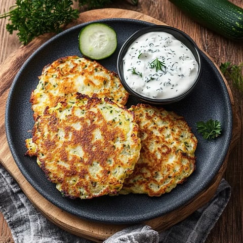 L'image montre trois galettes de courgettes croustillantes sur une assiette, accompagnées d'un bol de sauce au yaourt à l'aneth et d'une tranche de concombre.