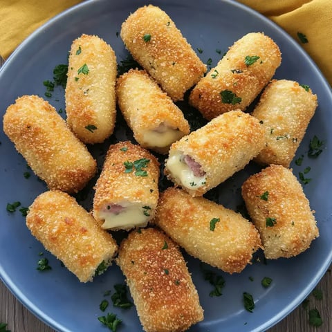 L'image montre des croquettes dorées avec une garniture de jambon et fromage sur une assiette bleue, décorées de persil frais.