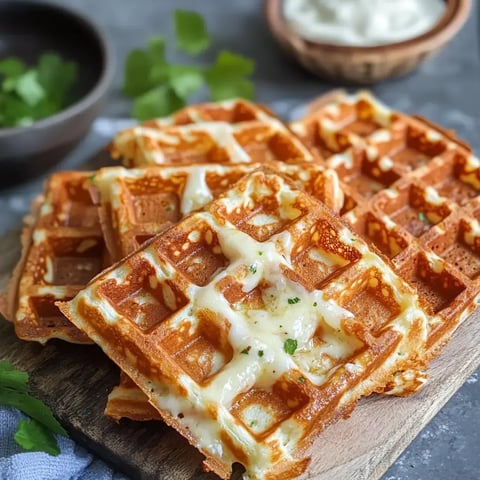 Un assemblage de gaufres dorées avec du fromage fondu, servies sur une planche en bois, avec un petit bol de sauce en arrière-plan.