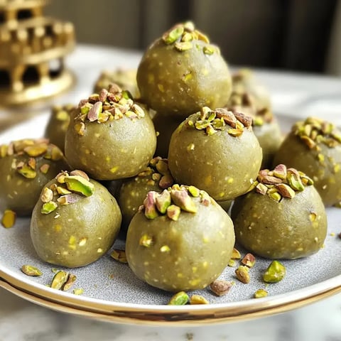Un plateau garni de gourmandises rondes vertes saupoudrées de pistaches hachées.