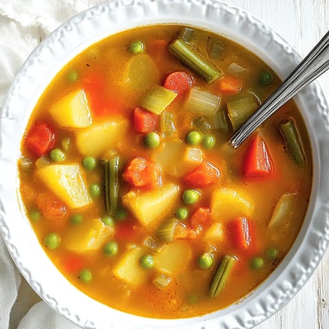 Un bol de soupe colorée avec pommes de terre, carottes, petits pois et céleri.