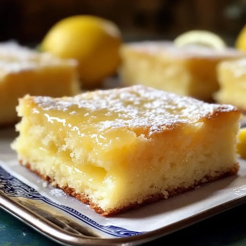 Une part de gâteau au citron saupoudrée de sucre glace avec des citrons frais en arrière-plan.