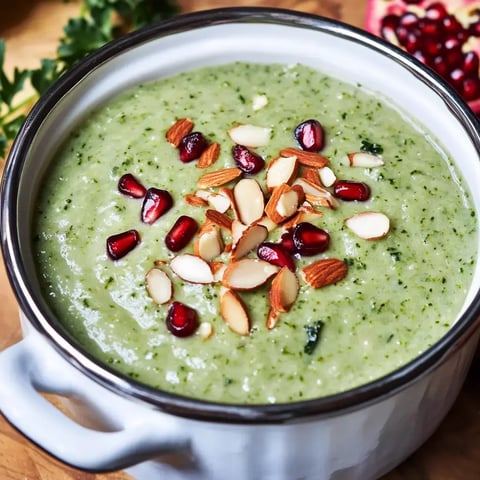 Un bol de purée verte garnie d'amandes et de graines de grenade posé sur une surface en bois.