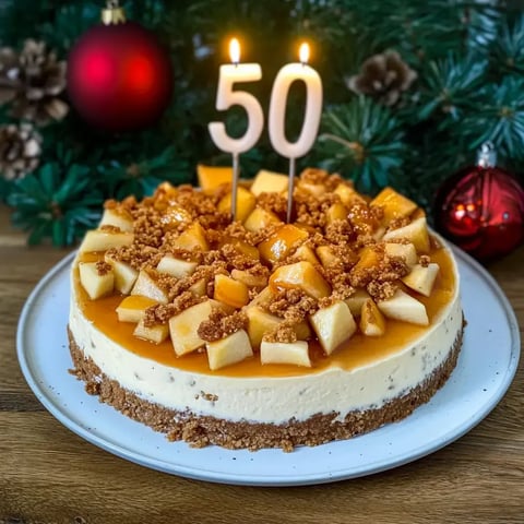 Un délicieux cheesecake aux morceaux de pommes et caramel, décoré avec une bougie "50", sur un fond festif.
