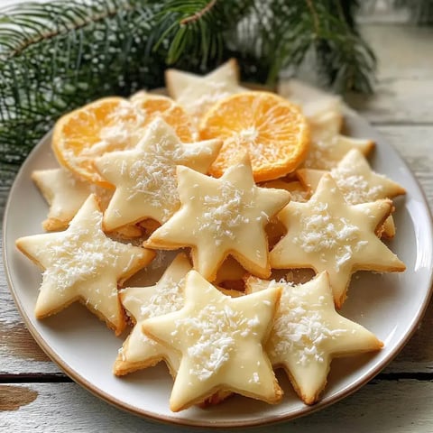 Une assiette de biscuits en forme d'étoile décorés avec un glaçage blanc et de la noix de coco râpée, accompagnés de tranches d'orange séchées et de branches de sapin en arrière-plan.