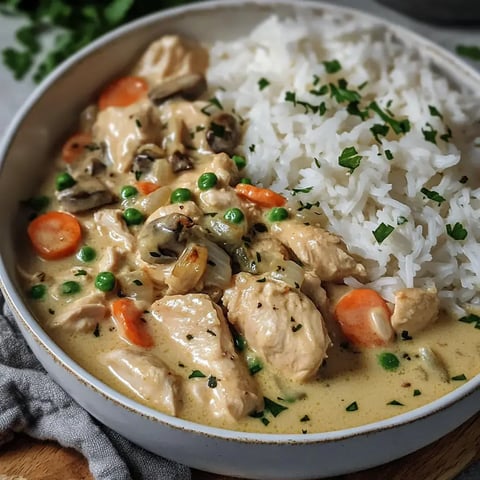 Une assiette de fricassée de poulet crémeuse servie avec carottes, petits pois et champignons, accompagnée d'une portion de riz.