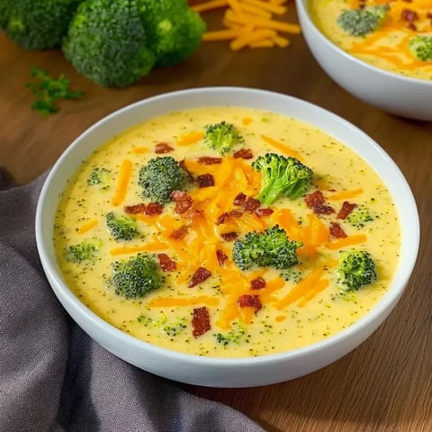 Une soupe crémeuse de brocoli et fromage avec des morceaux de lardons et fromage râpé, servie dans un bol blanc.