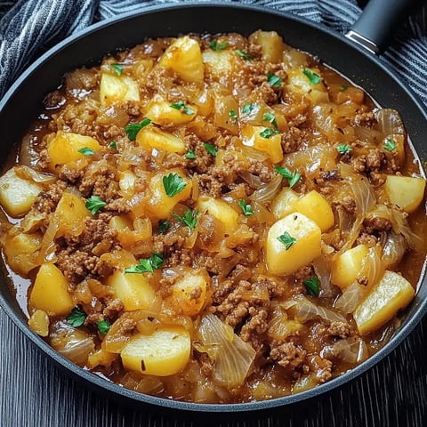 Un plat copieux de viande hachée, pommes de terre et oignons dans une poêle, garni de persil frais.