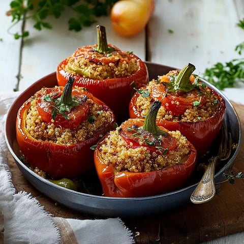 Paprika rouges grillées, remplies de quinoa et agrémentées de tomates, servies dans un bol.