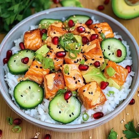 Un bol de riz avec saumon poêlé, tranches de concombre, avocat, graines de grenade et sauce crémeuse, garni de ciboulette et sésame.