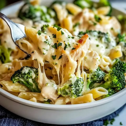 Une cuillère de pâtes avec brocoli et fromage fondu, servie dans un bol.