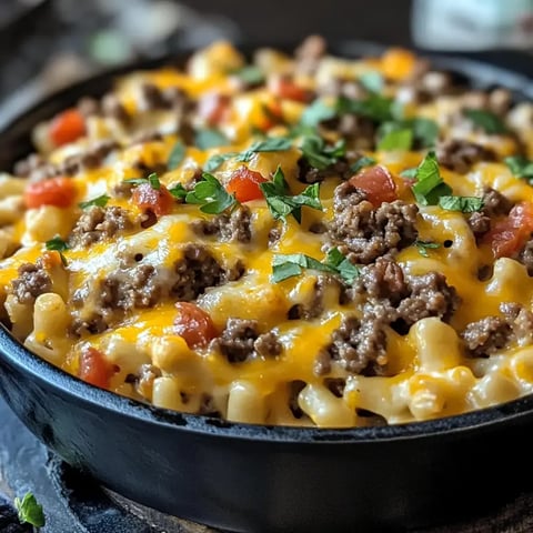 Un gratin avec macaronis, viande hachée, fromage fondu et tomates fraîches, garni de persil haché.