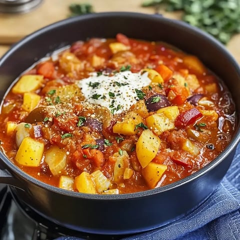 Un pot savoureux rempli de légumes colorés, surmonté de crème et de fines herbes, présenté dans une casserole noire.