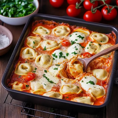 Un gratin de tortellini nappé de sauce tomate, garni de mozzarella fondue et de persil frais, entouré de tomates cerises et légumes frais.