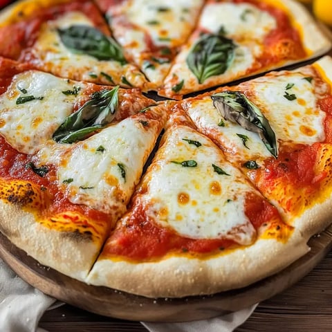 Une pizza fraîchement cuite avec mozzarella, sauce tomate et basilic frais, coupée en six parts.