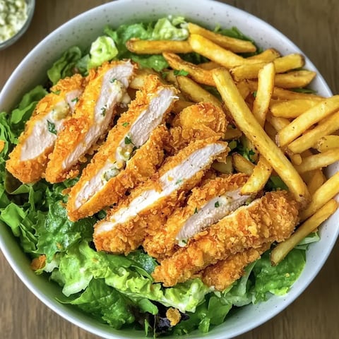 Une assiette de poulet frit sur un lit de salade verte, accompagné de frites.